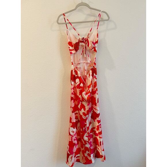 Lulu’s Front Page Hues Coral Multi Floral Print Satin Midi Dress Size Medium - Picture 4 of 6
